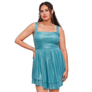 New Cider Sky Blue 2xl Metallic Square Neck Solid Ruffle Layered Mini Dress